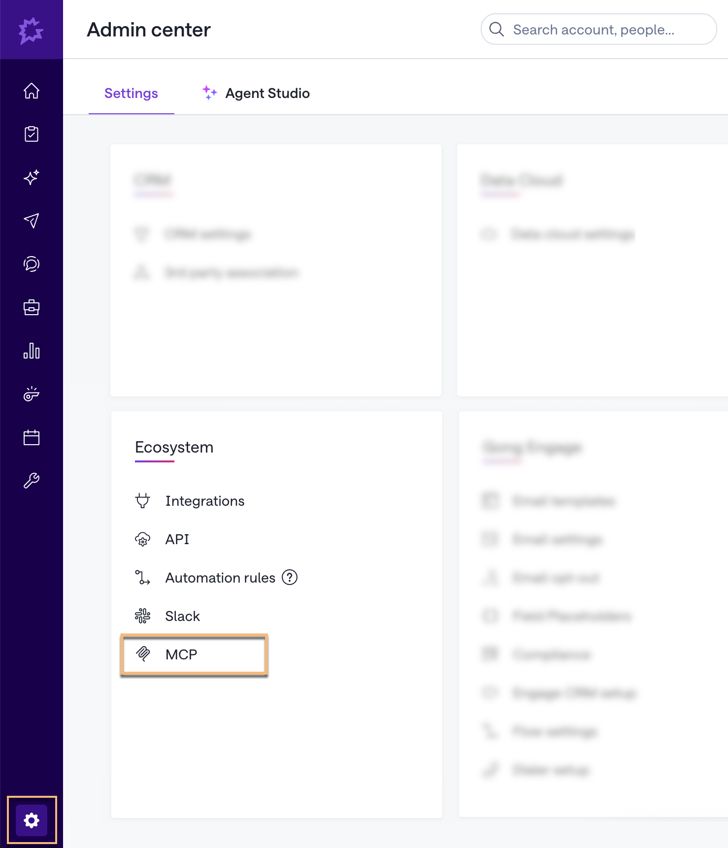 Gong Admin Center with MCP option selected from Ecosystem section