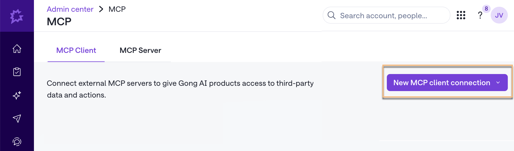 Button to add new MCP client connection highlighted under MCP Client tab