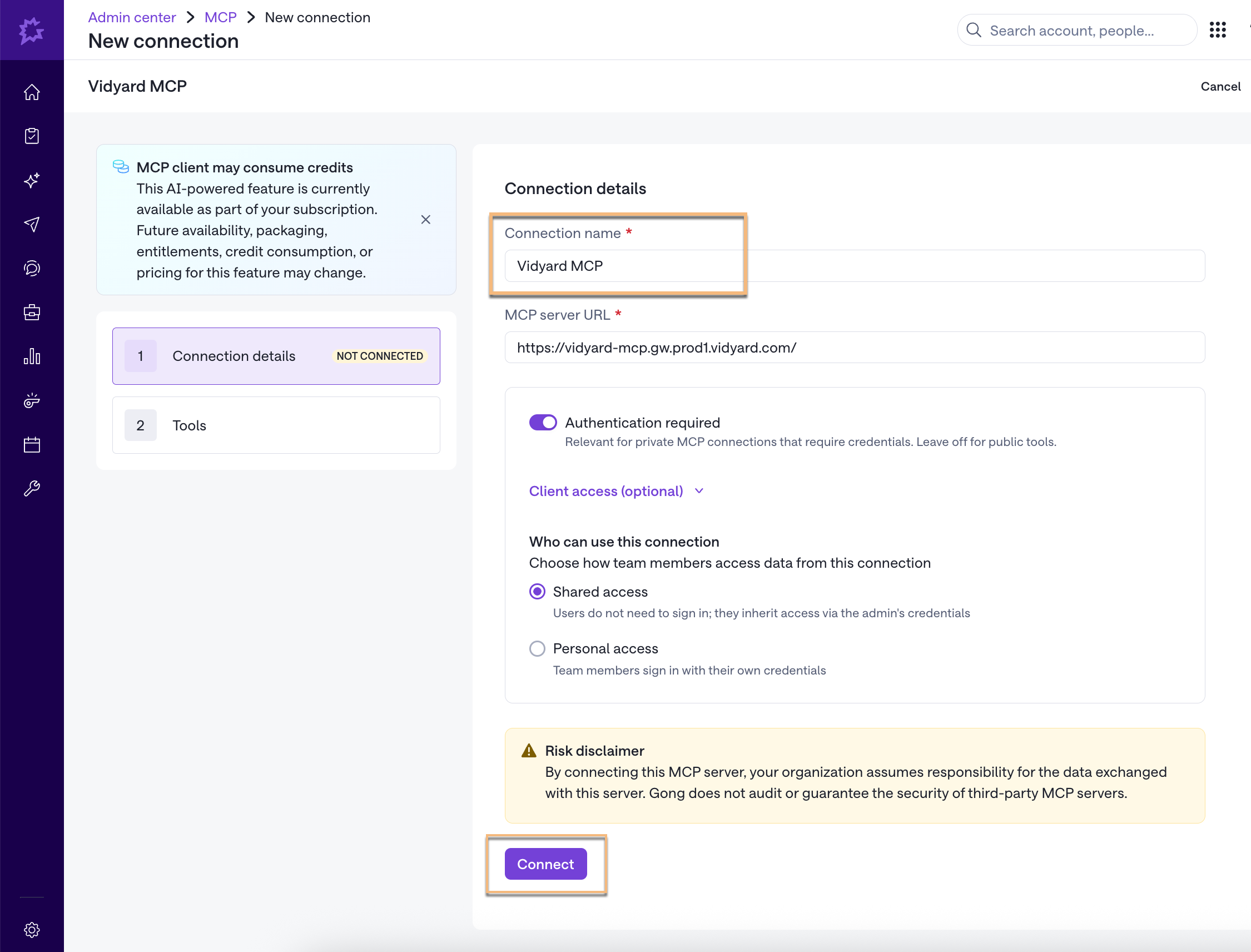 MCP Connection page with connection details filled out and connect button highlighted