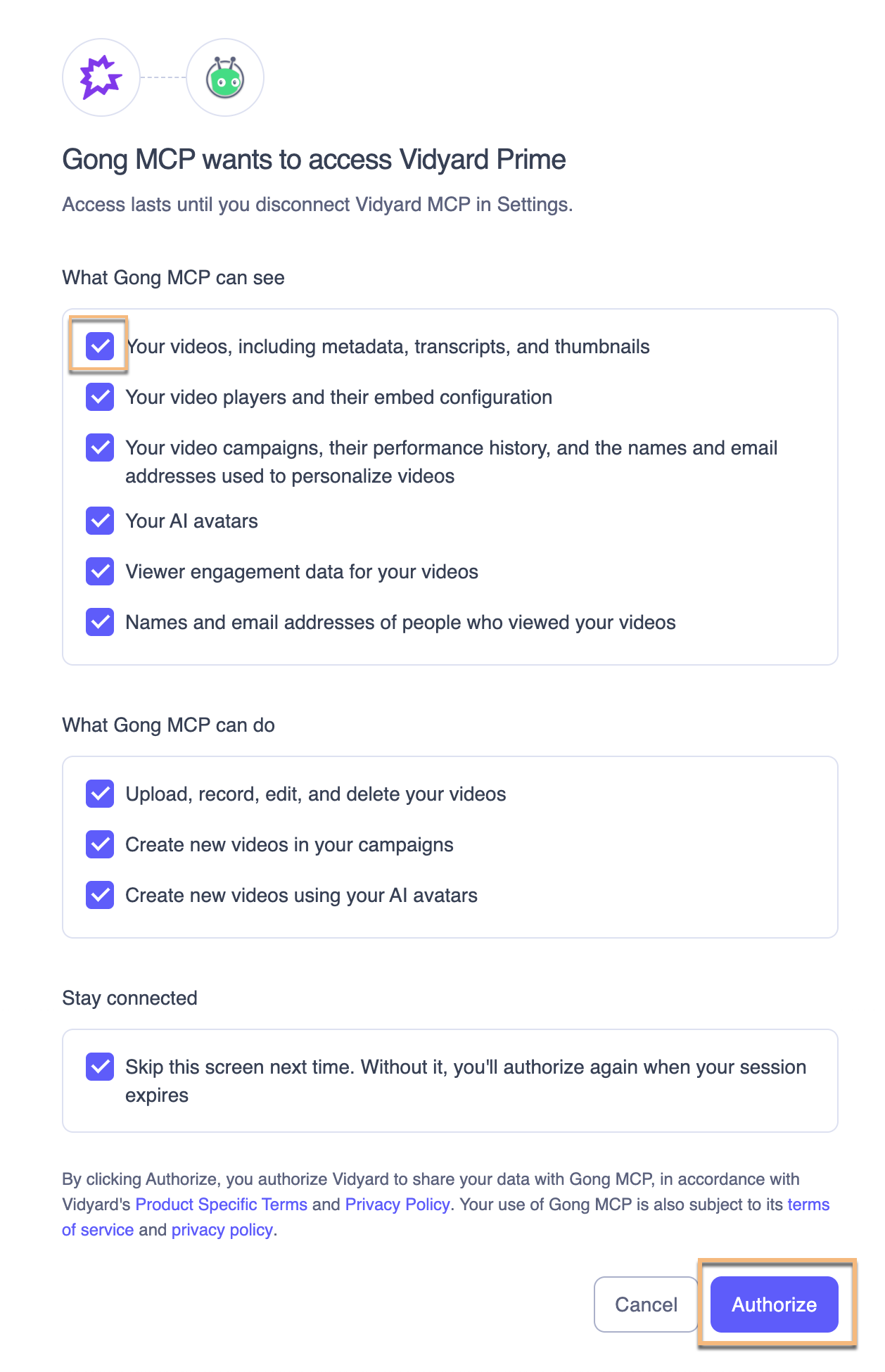 Gong MCP authorization settings with different checkboxes to allow Gong permissions