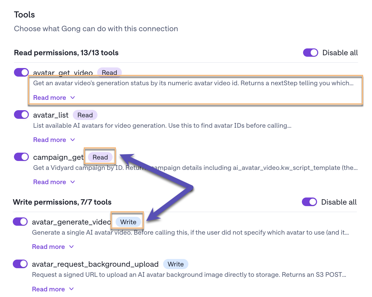 Vidyard MCP Tools in Gong showing what Gong is allowed to do with the connection