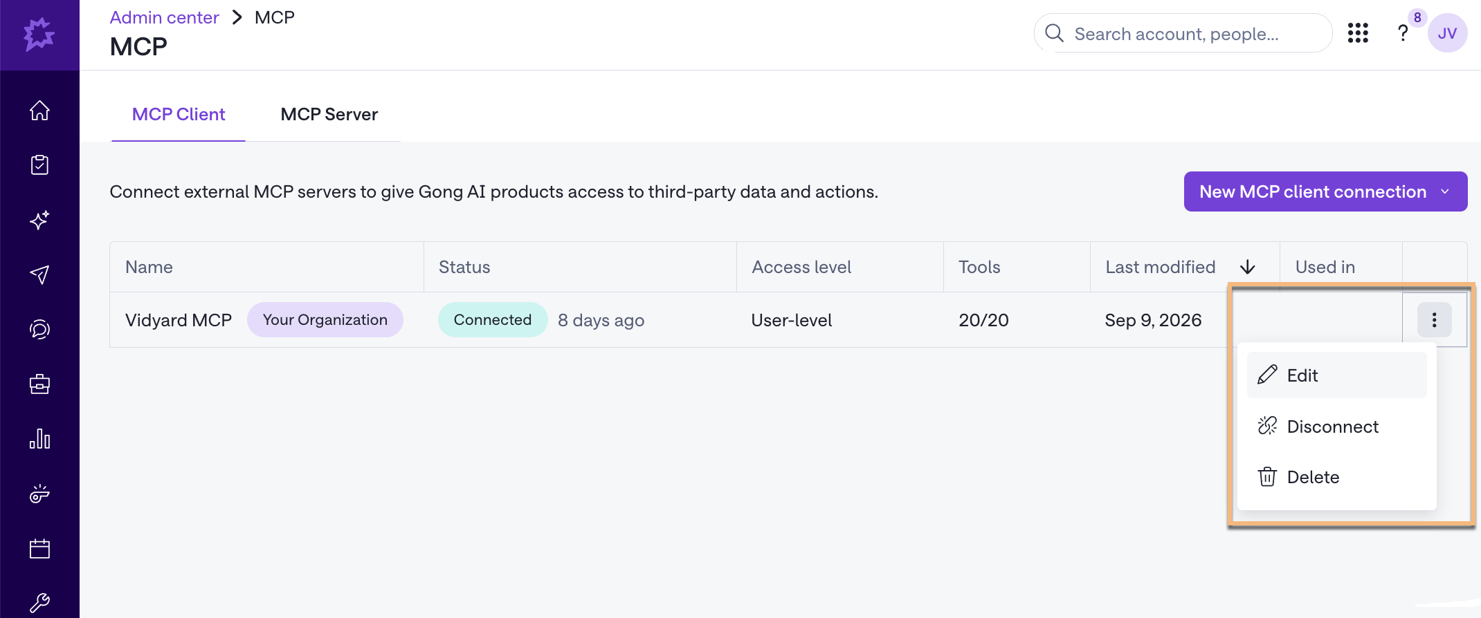 Vidyard MCP menu open in Gong with options to manage connection highlighted