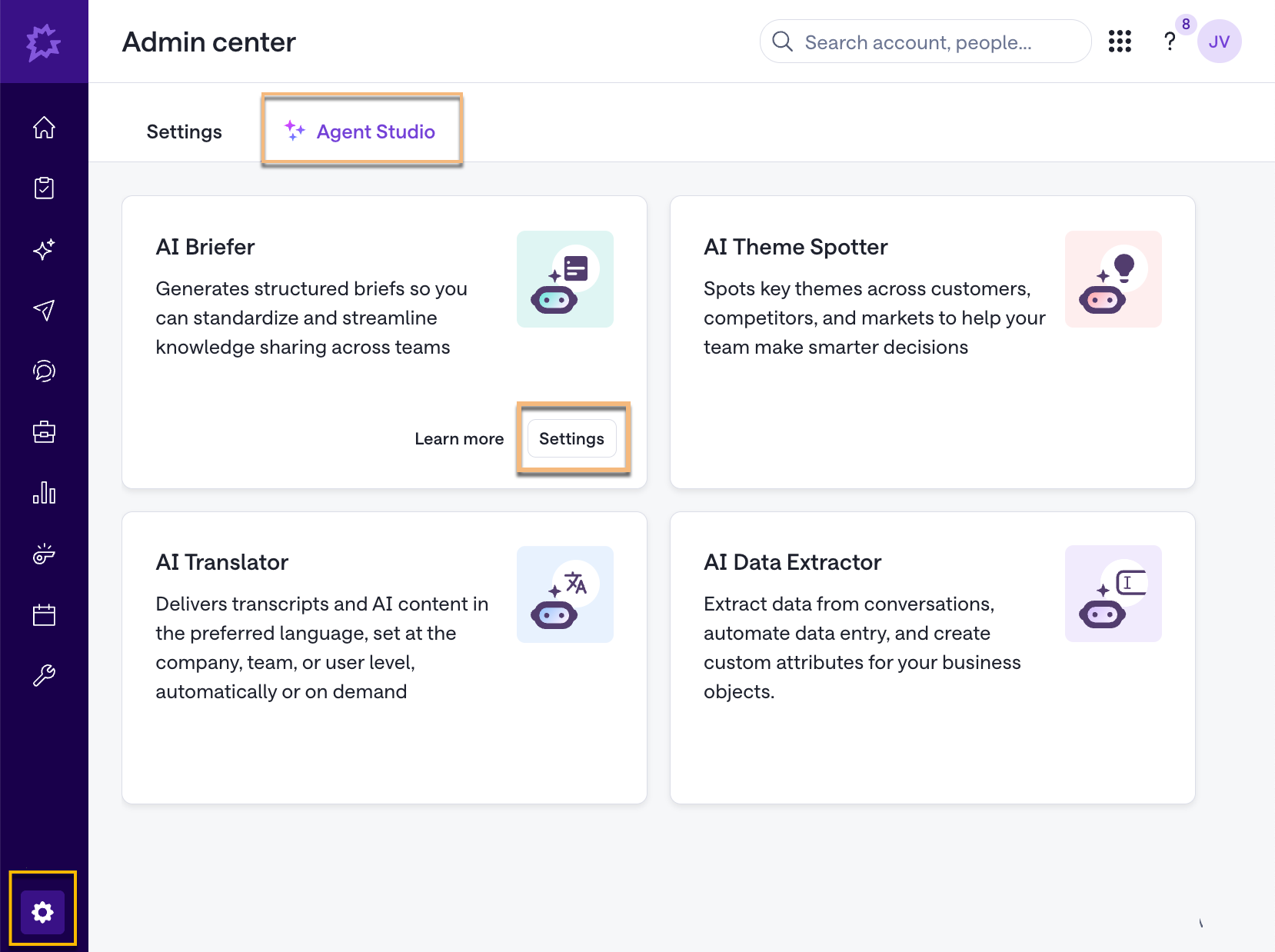 Gong Admin Center Agent Studio, with AI Briefer selected