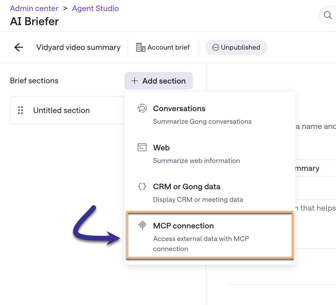 Add section menu open with MCP connection option highlighted