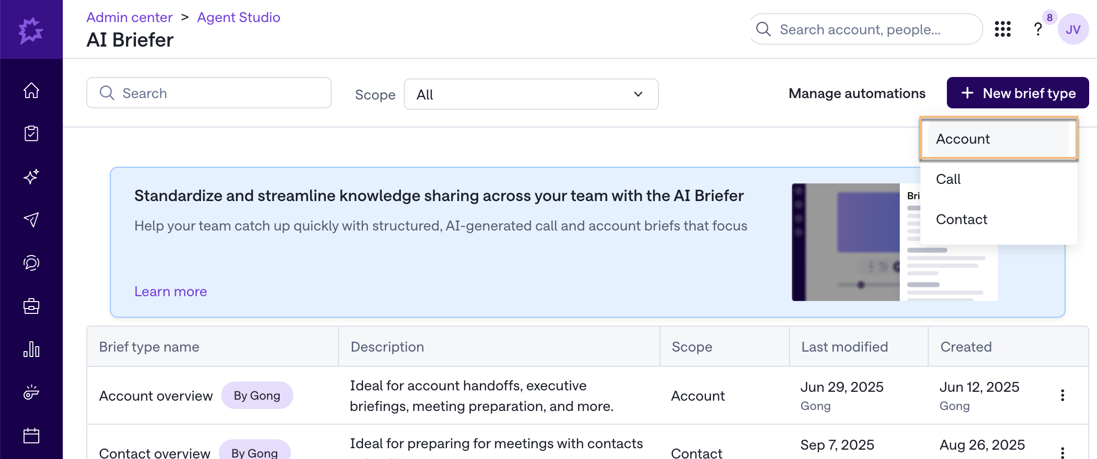 Gong AI Briefer with option to create new account brief type selected from menu