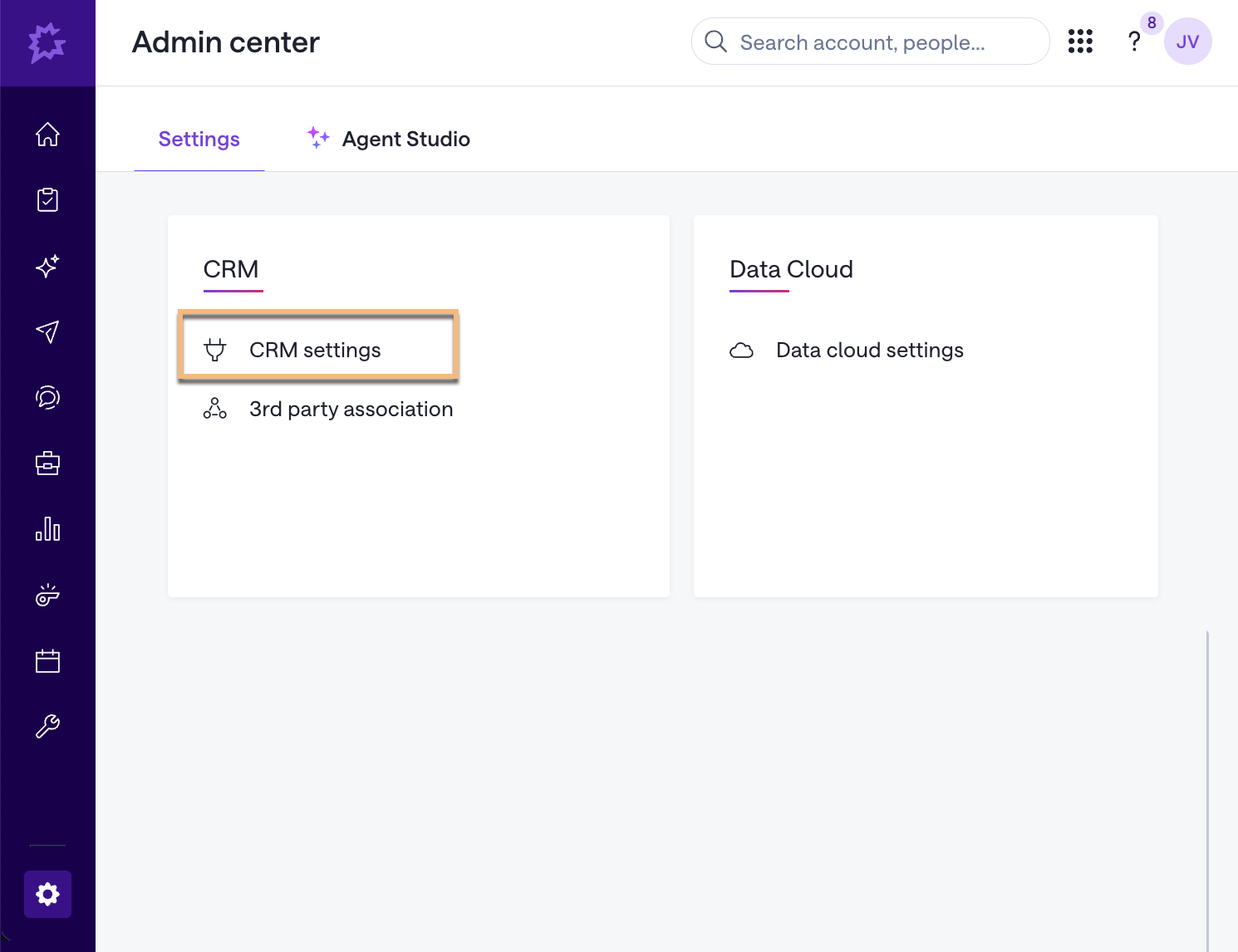 Gong Admin Center with CRM settings option selected