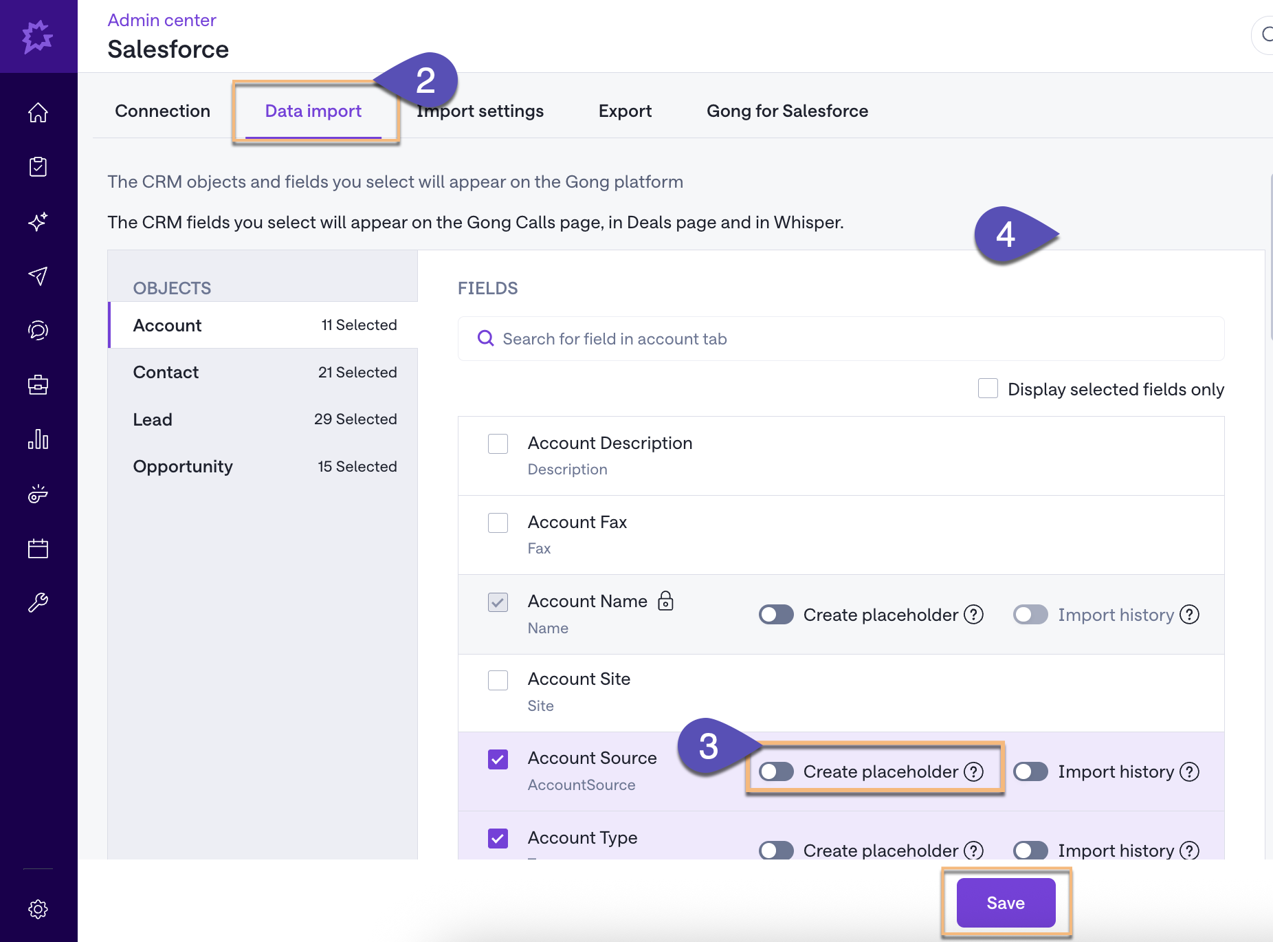 Salesforce CRM connection in Gong with placeholders selected from field list