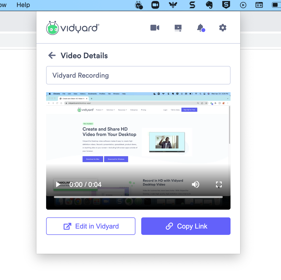 Vidyard desktop app post-recording modal showing options to change video elements