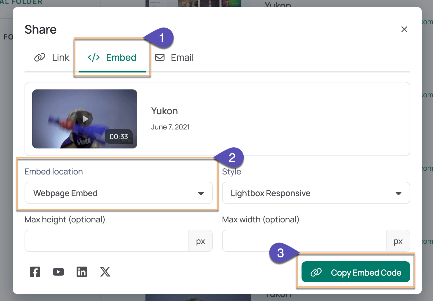 Vidyard embed share modal open with embed location selected and copy embed code button highlighted