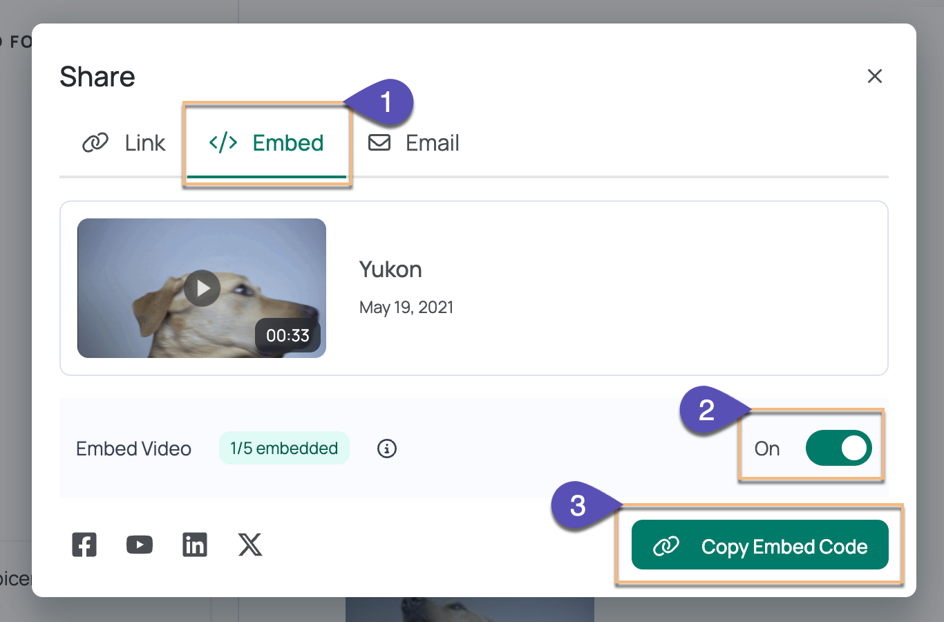Vidyard embed sharing modal with toggle set to on and copy embed link button highlighted