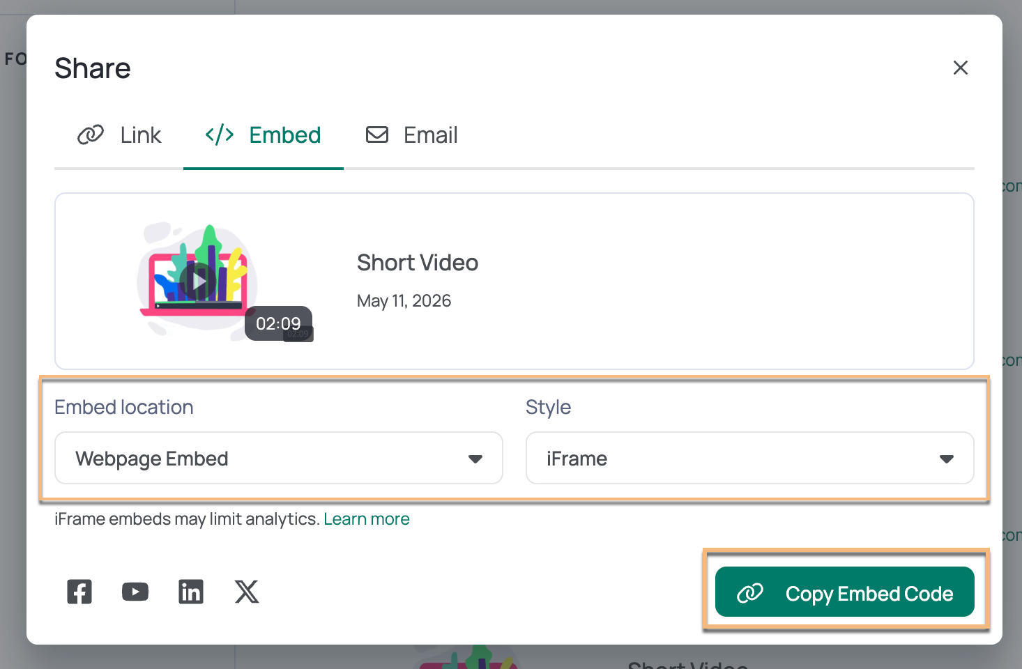 Vidyard embed sharing modal open with iframe option selected from style dropdown