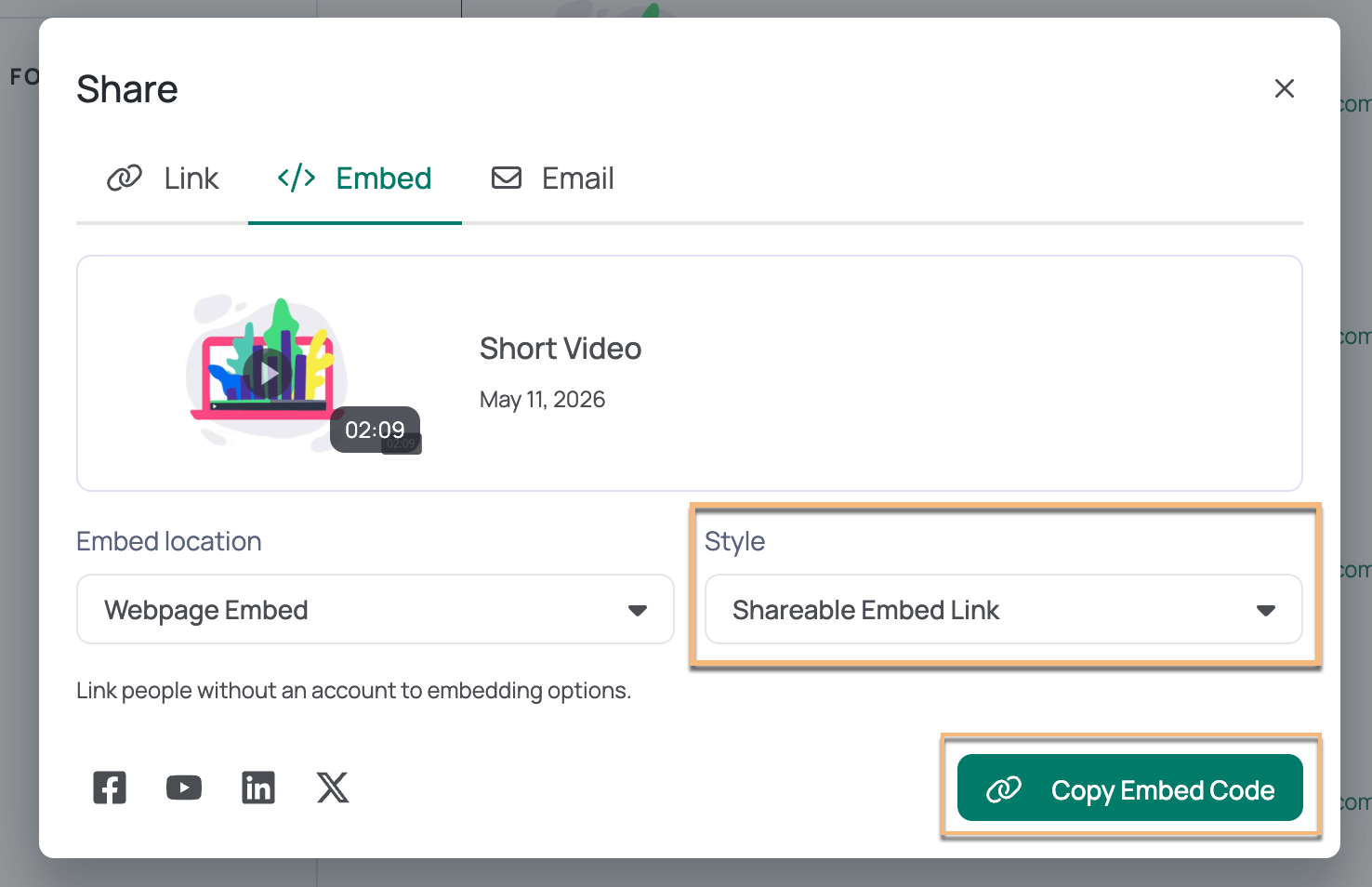 Vidyard webpage embed option with shareable link selected from style dropdown menu