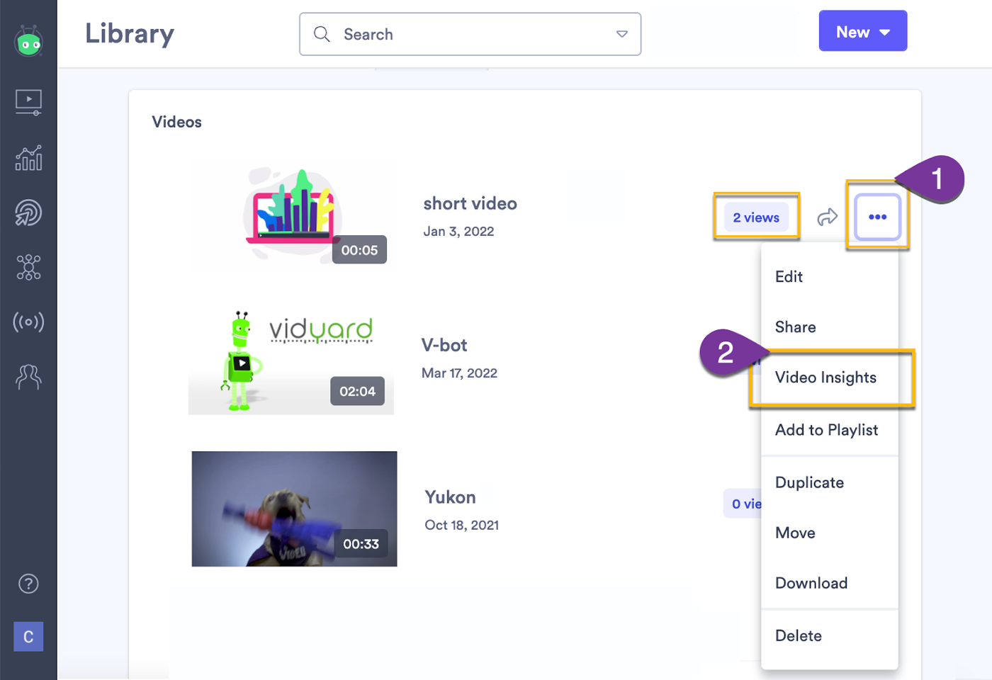 Vidyard library showing video menu to access viewing insights
