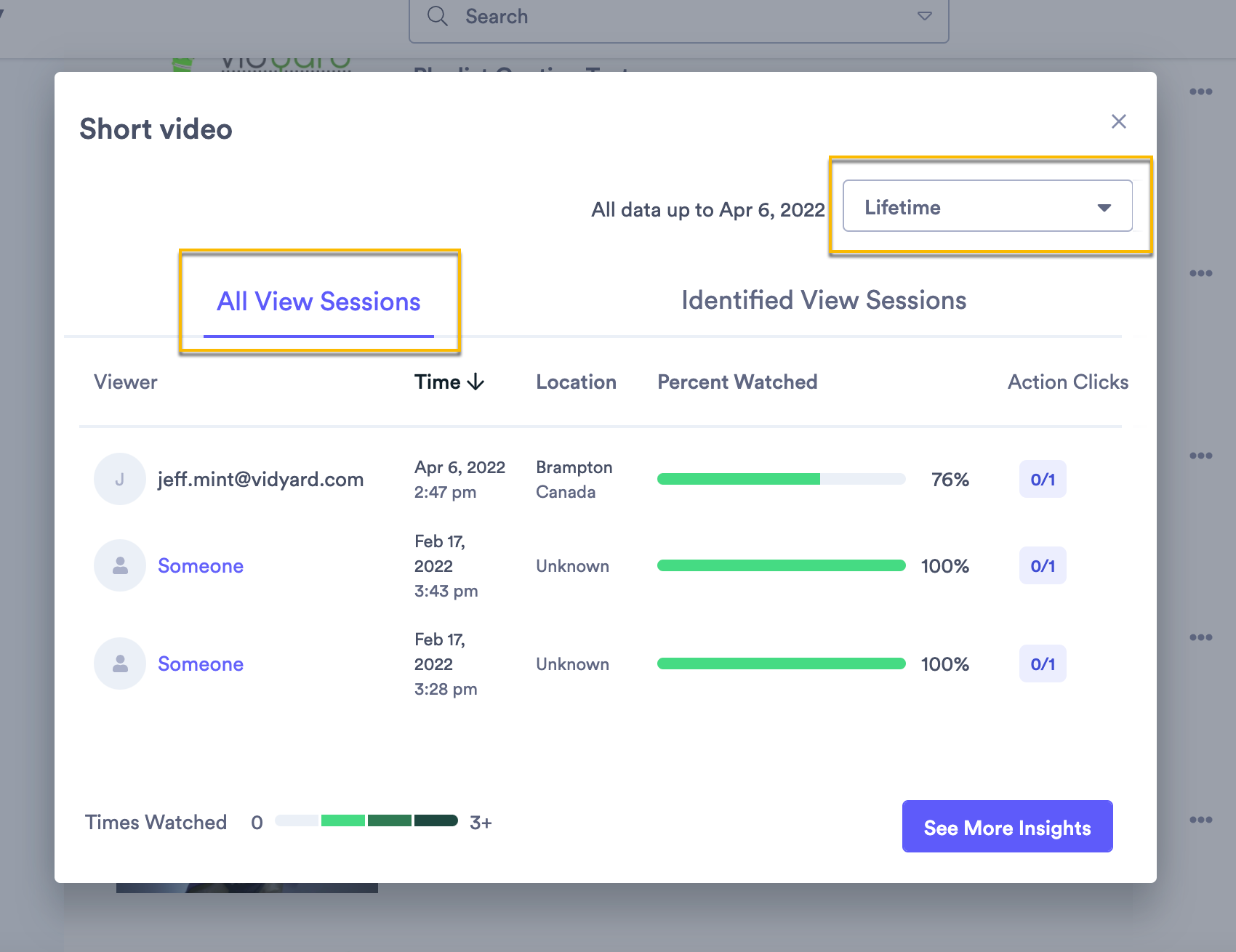 Video Insights window with viewer information and statistics