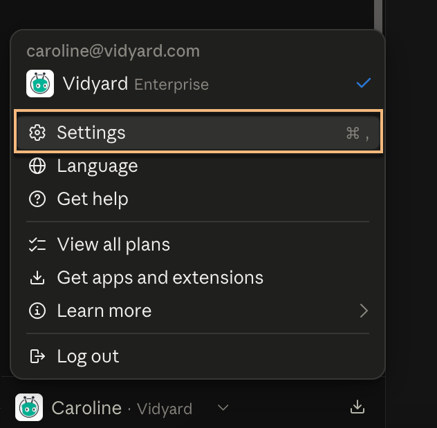 Claude menu with settings option highlighted