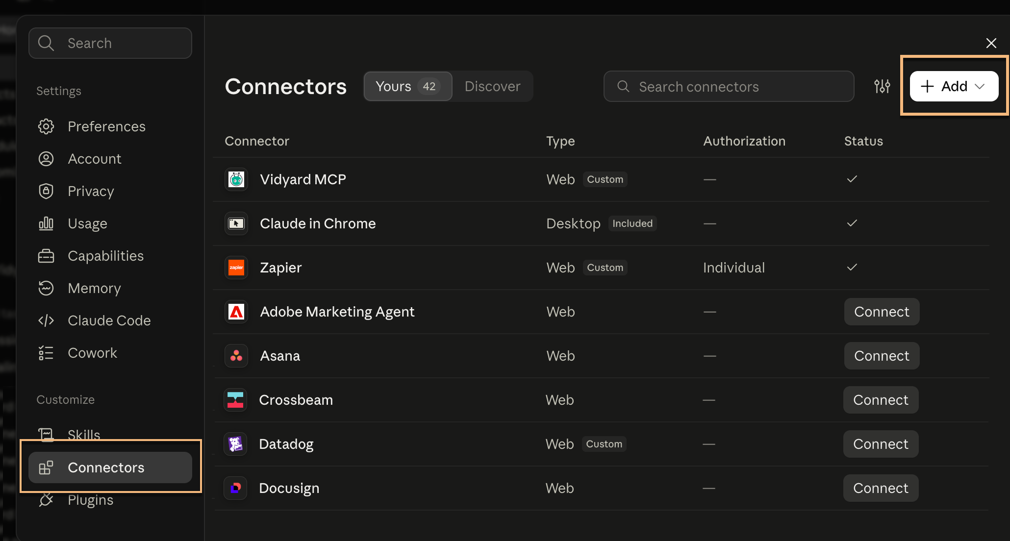 Claude connectors page with button to add new connection highlighted