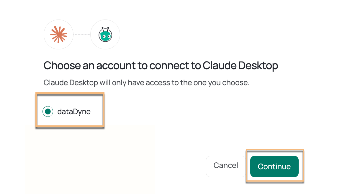 Claude account selector with Vidyard account checked and continue button highlighted