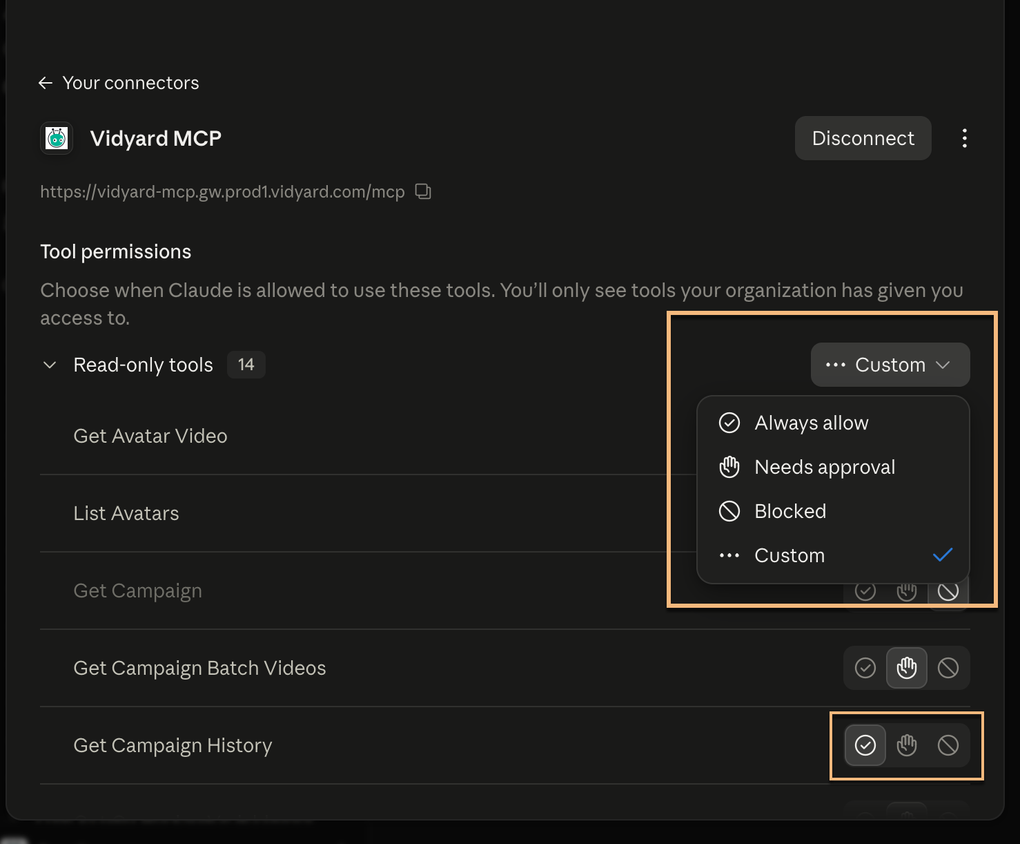 Vidyard MCP tool permissions menu open with all options highlighted