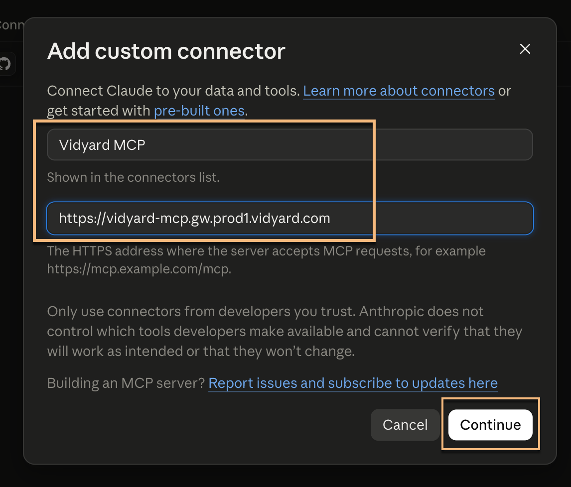 Claude custom connector page with name and link added