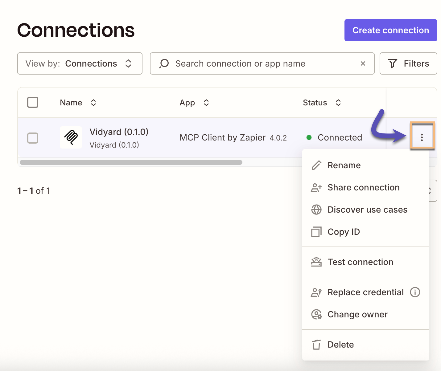 Zapier connection menu open for Vidyard MCP with all available options highlighted