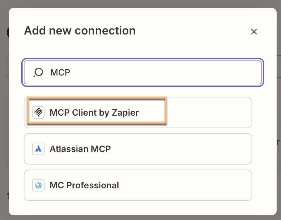 Add new connection search box with MCP entered and MCP Client option highlighted