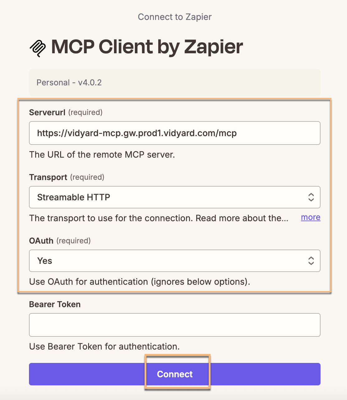 MCP Client page with connection information filled out and connect button highlighted