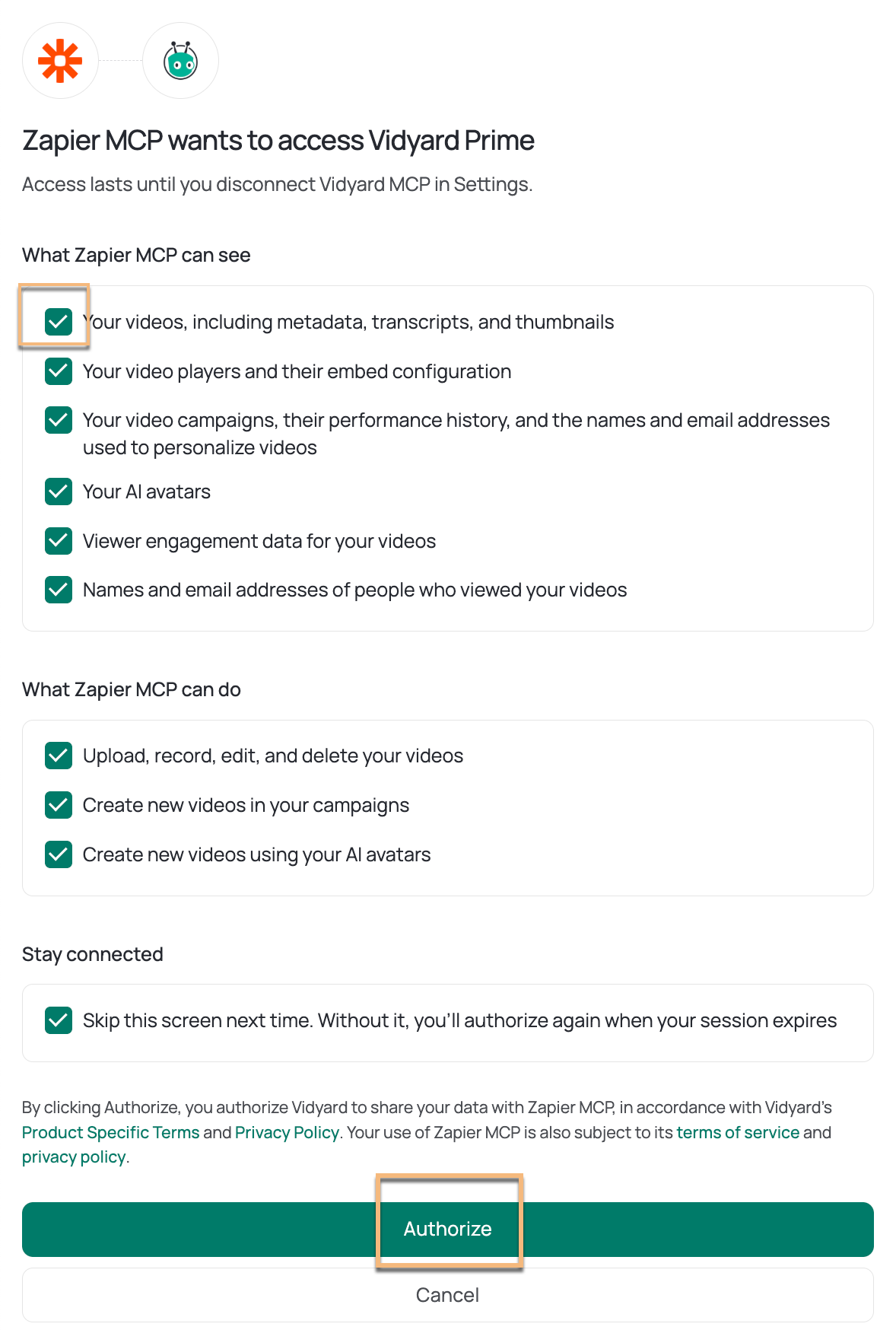 List of permissions Zapier MCP can have, with authorize button highlighted