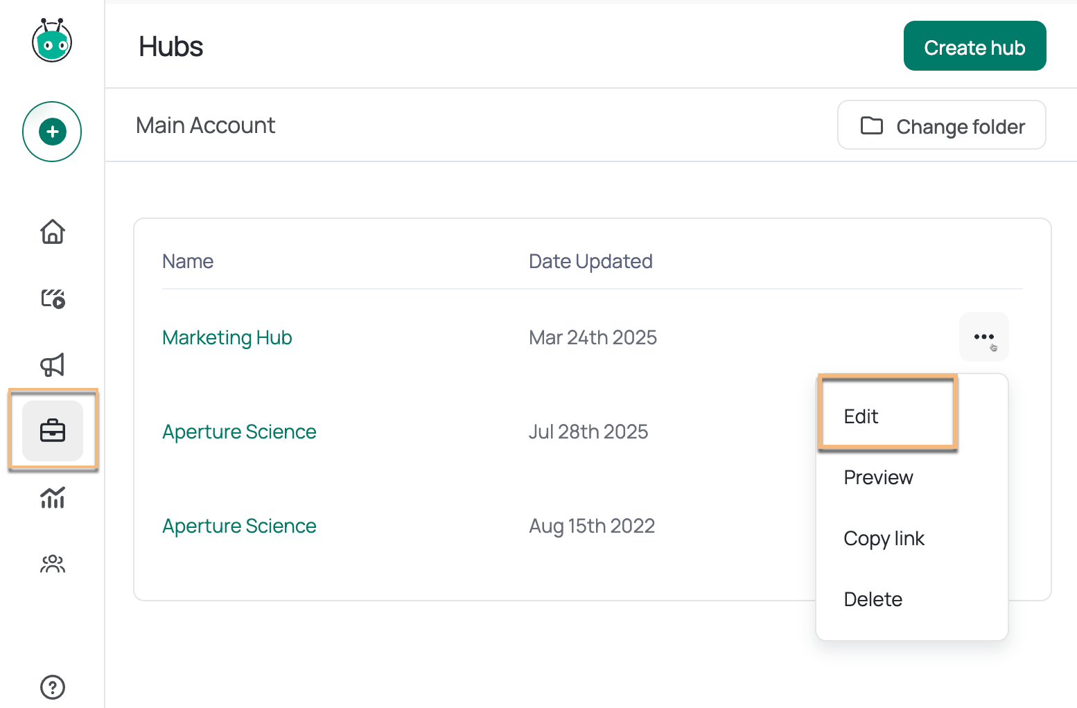 Vidyard hubs page with menu open and edit option selected on a hub