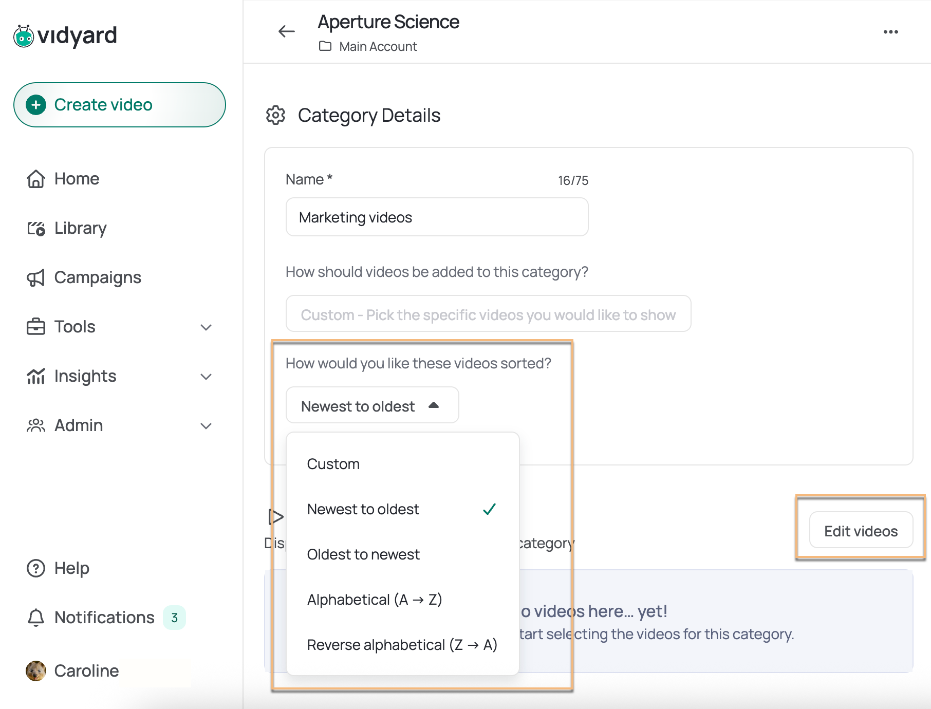 Adding videos to a category and choosing how to order them