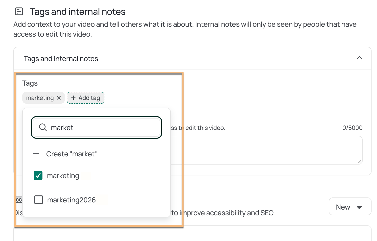Button to add new tag to video highlighted in Tags and Internal Notes section
