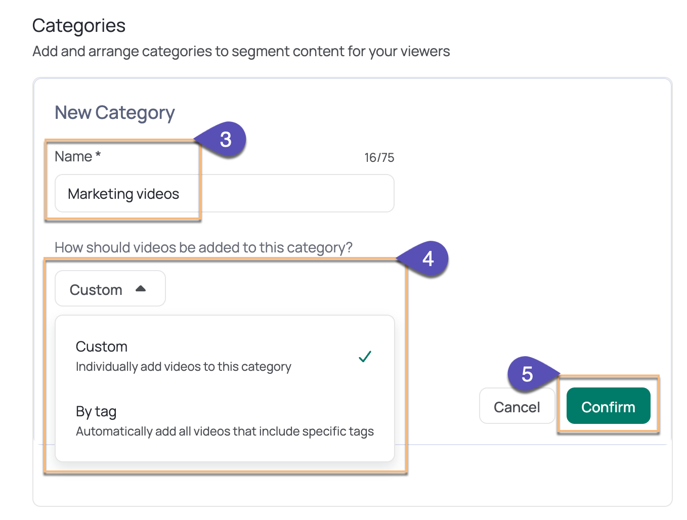 Giving the new category a new and choosing whether to add specific videos or videos by tags