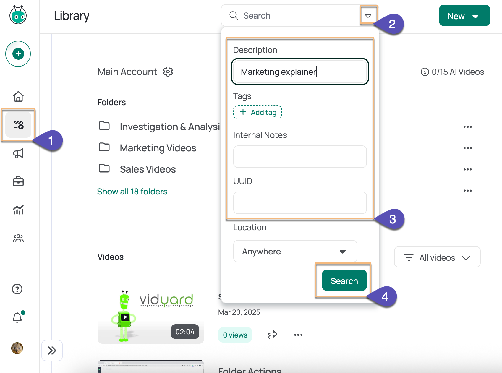 Using advanced criteria to search for a video by description