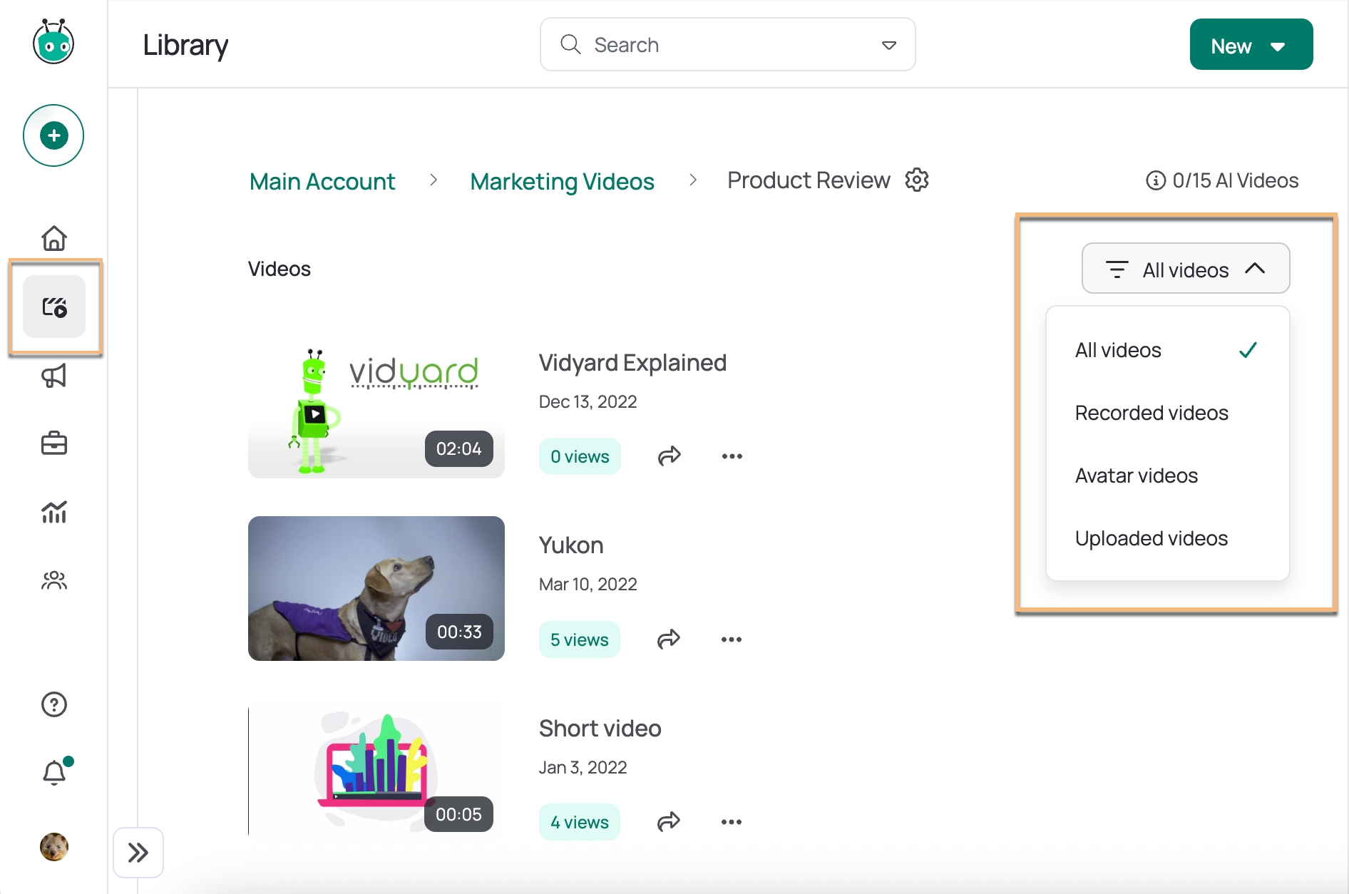 Vidyard library with recorded videos selected from filter dropdown menu