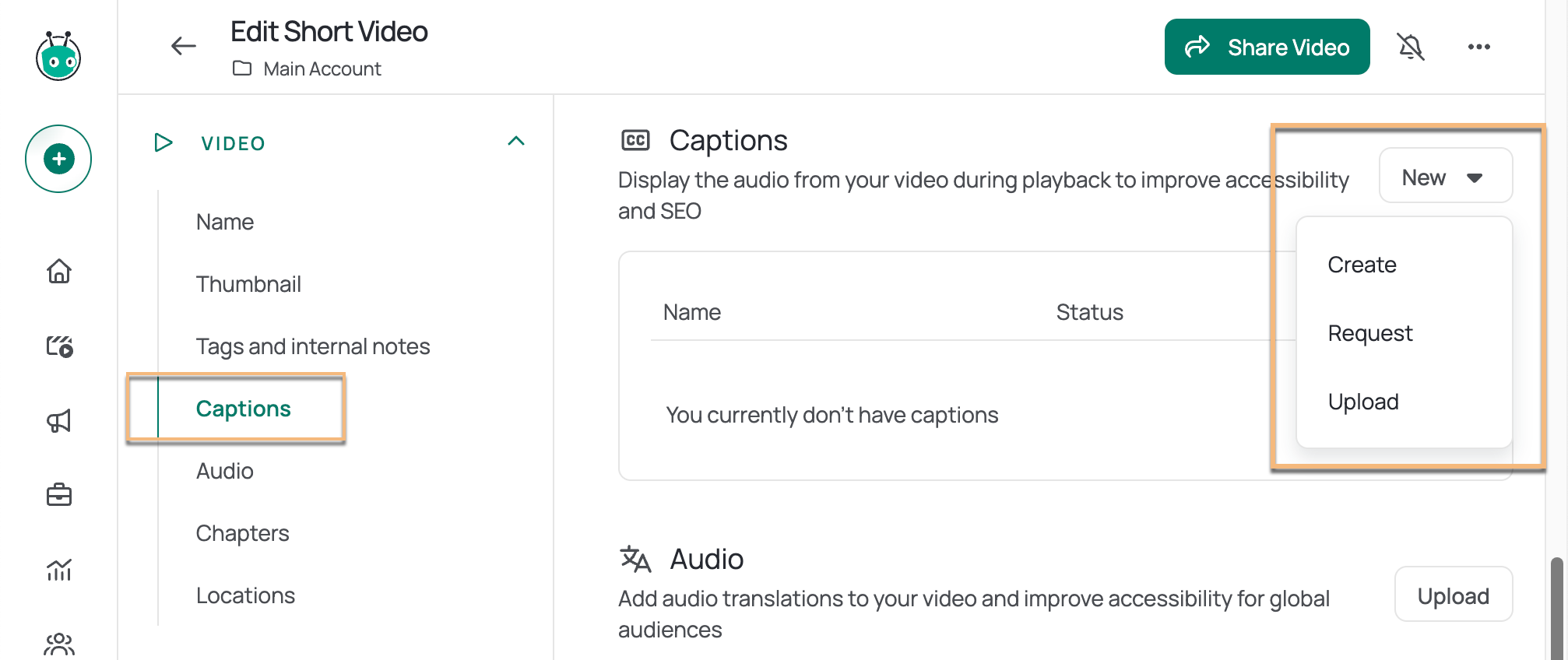 Video caption section showing add caption selection screen open and captioning options provided