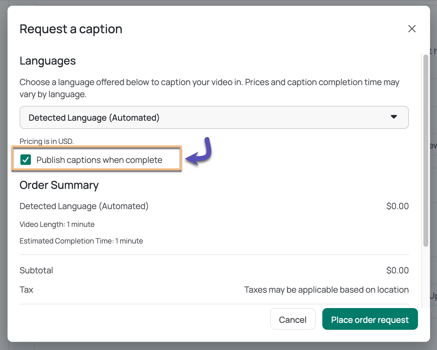 Video caption window showing box checked to publish captions when completed