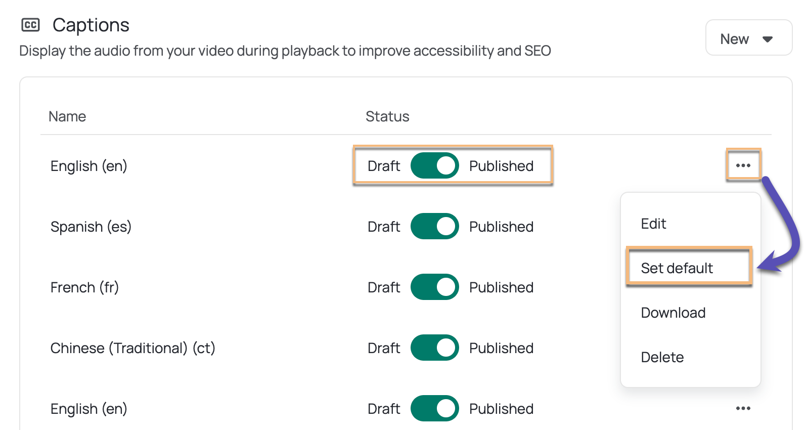 Caption menu open with set default option selected