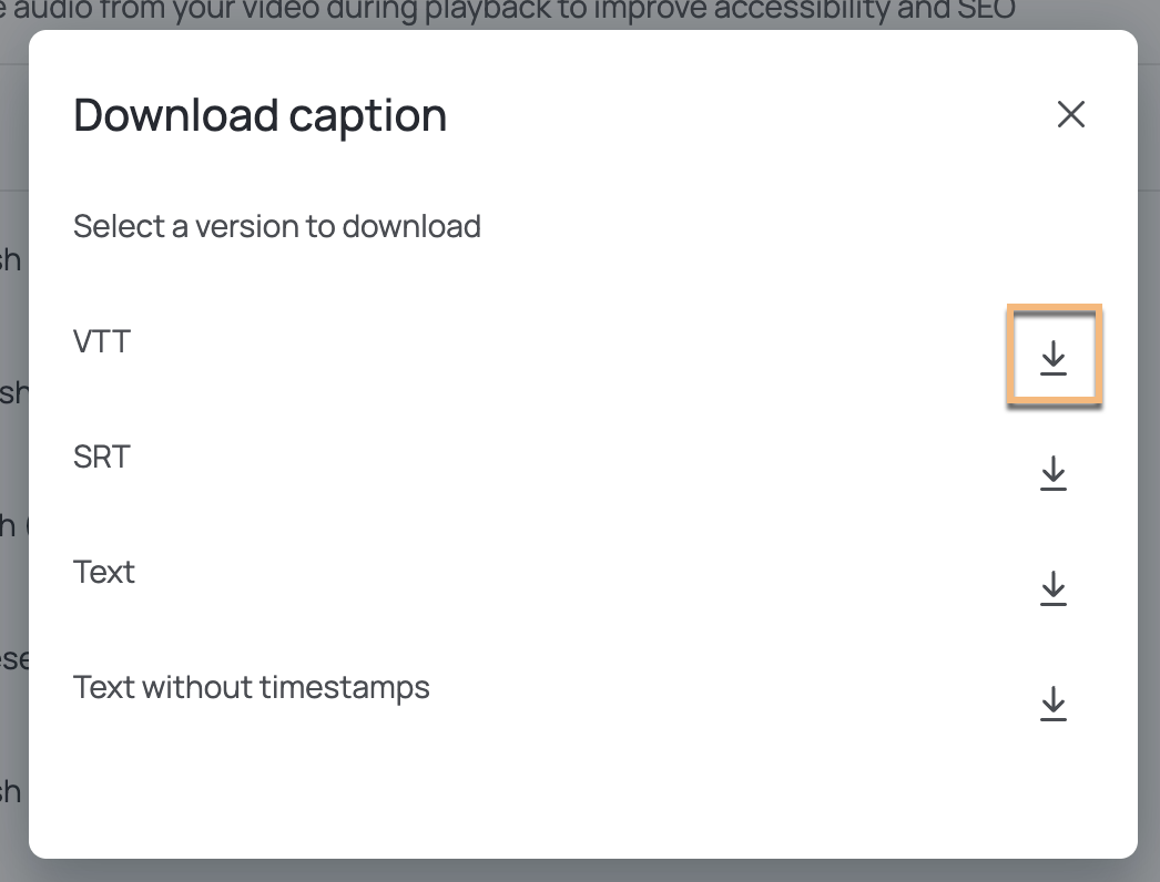 Caption download menu open with different formats available