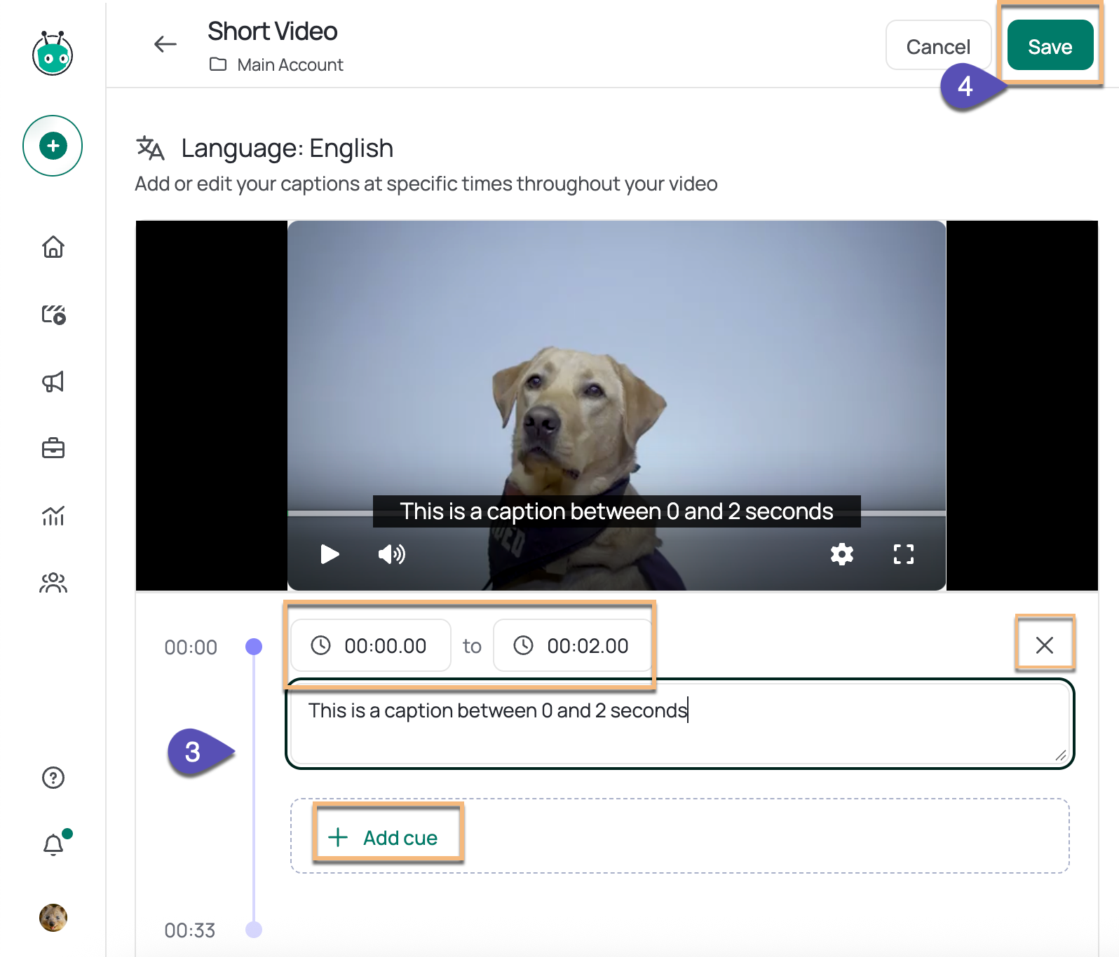 Caption editing screen open with ability to add, edit, delete, and save cues