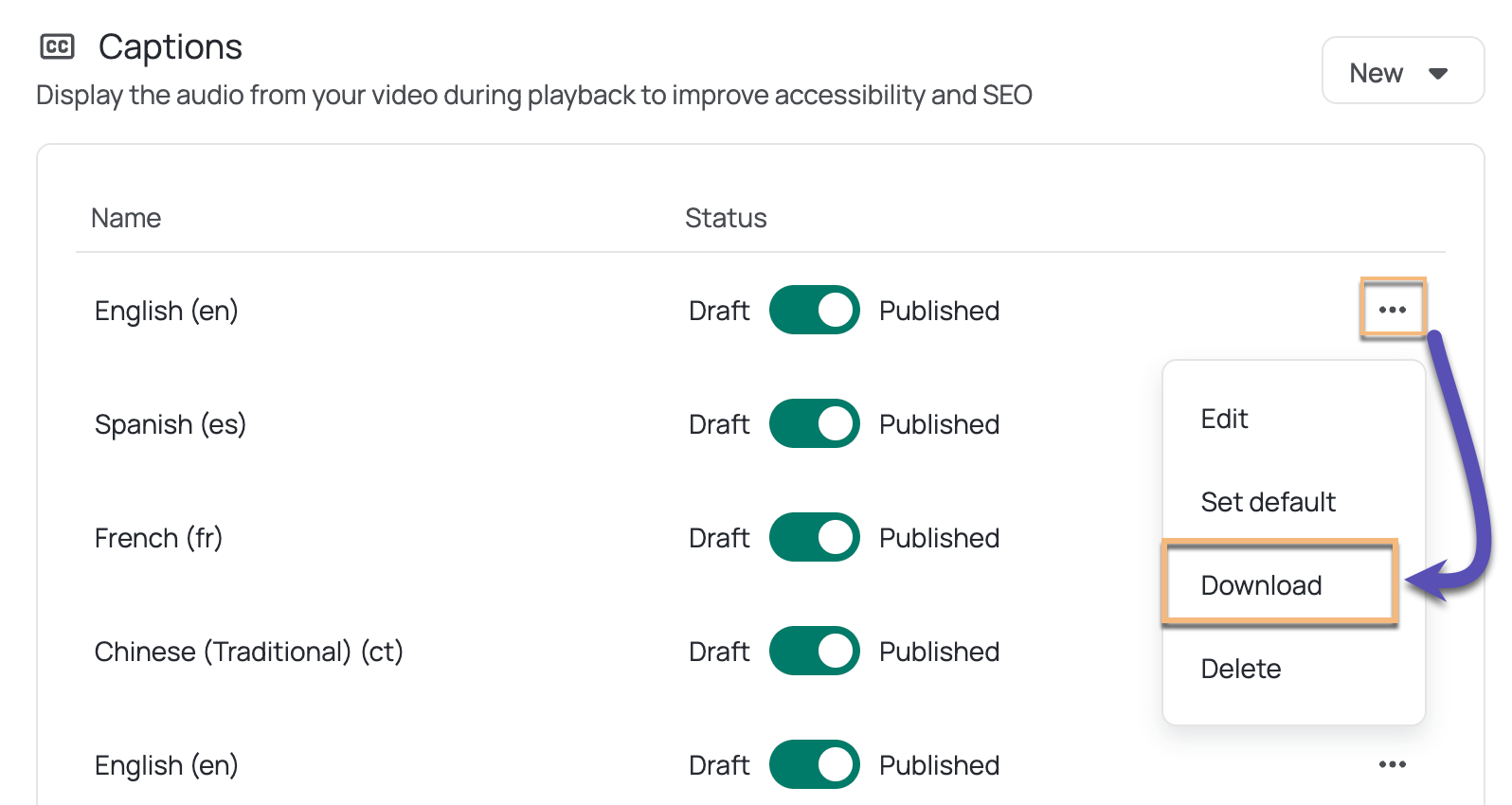 Captions menu open with download option selected