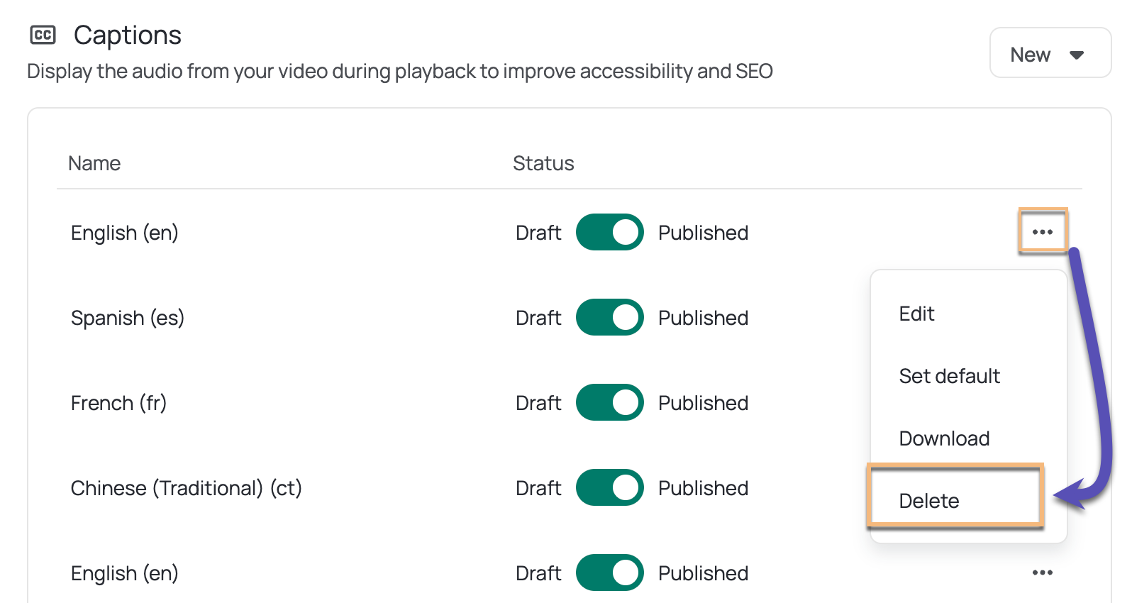 Caption menu open with delete caption option selected