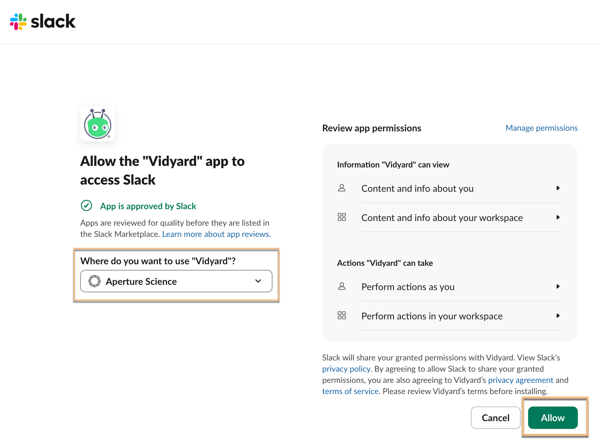 Dropdown menu to select Slack account and allow it to access Vidyard