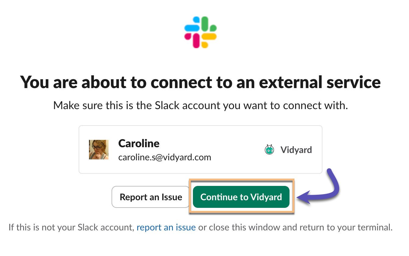 Screen to connect to an external service with continue to Vidyard highlighted