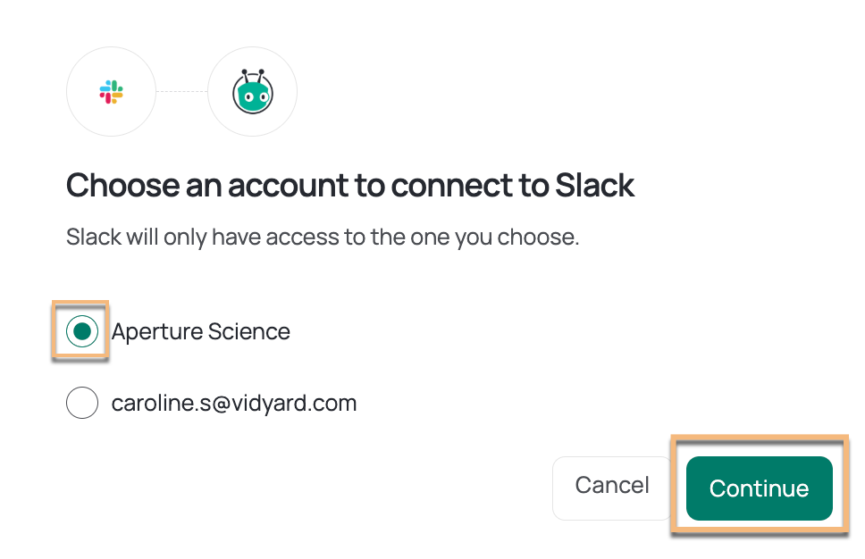 List with Vidyard account selected and continue option highlighted