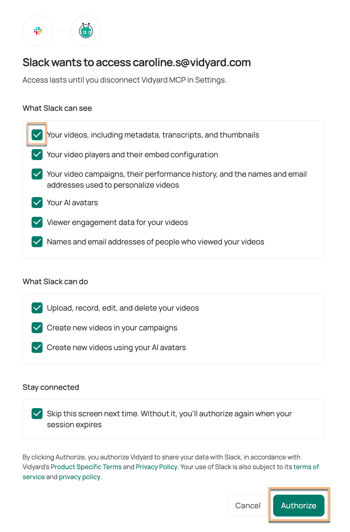 Slack permissions list with checkboxes and authorize button to finish connection process