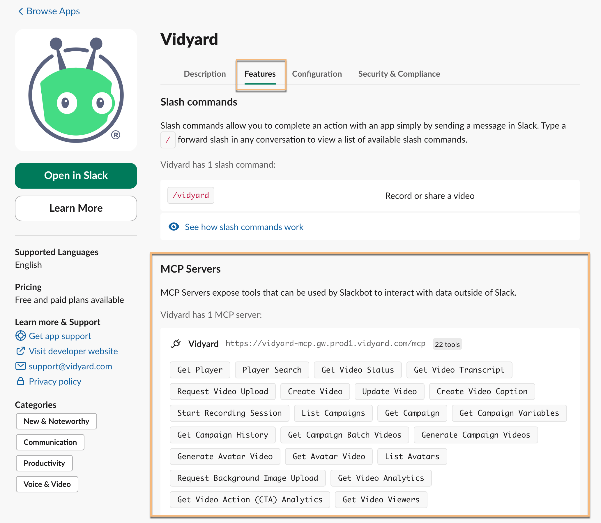 Vidyard's Slack app page with MCP tools list shown under features section