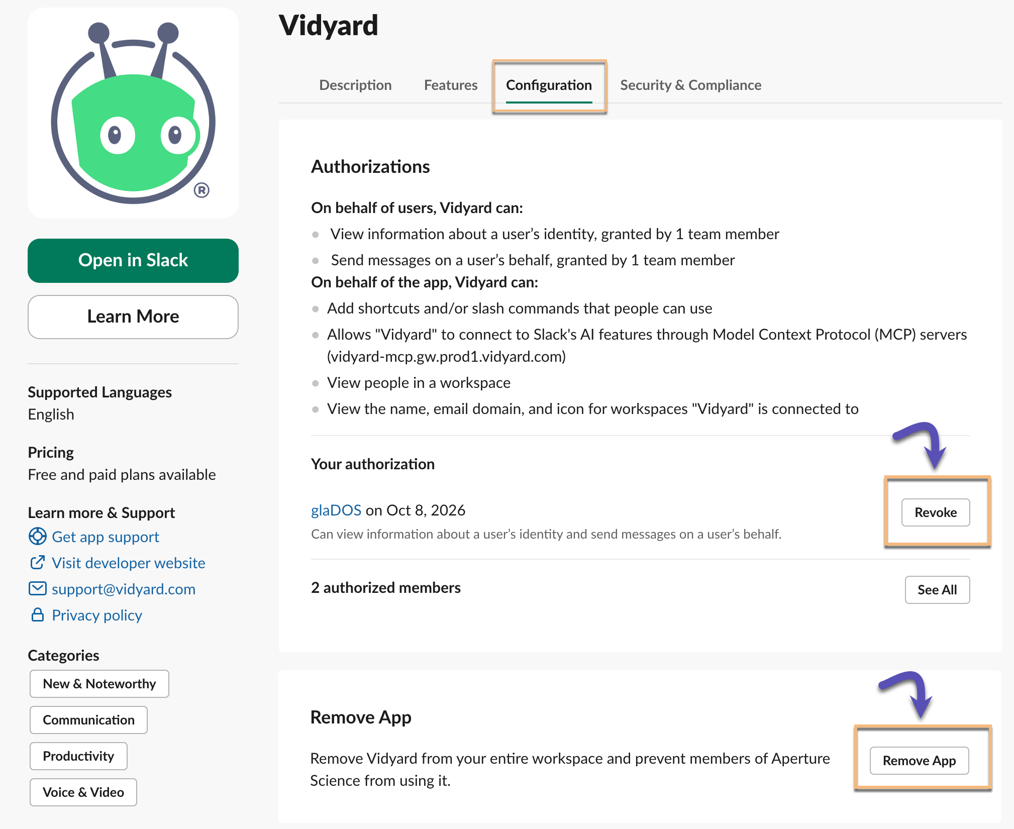 Vidyard Slack app page's configuration section, with options to revoke or remove app highlighted