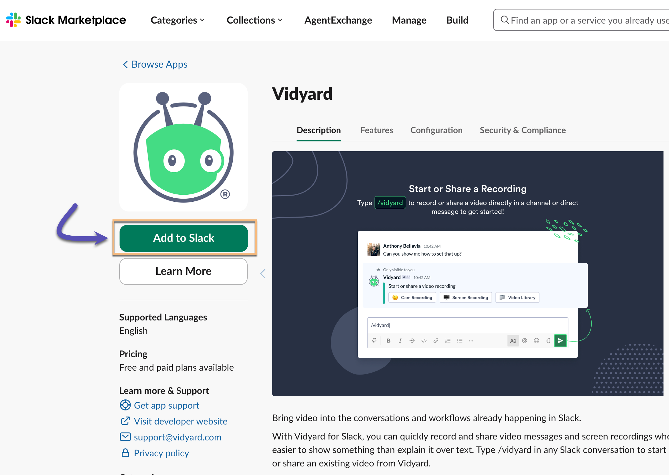 Vidyard app page open in Slack Marketplace with option to add highlighted