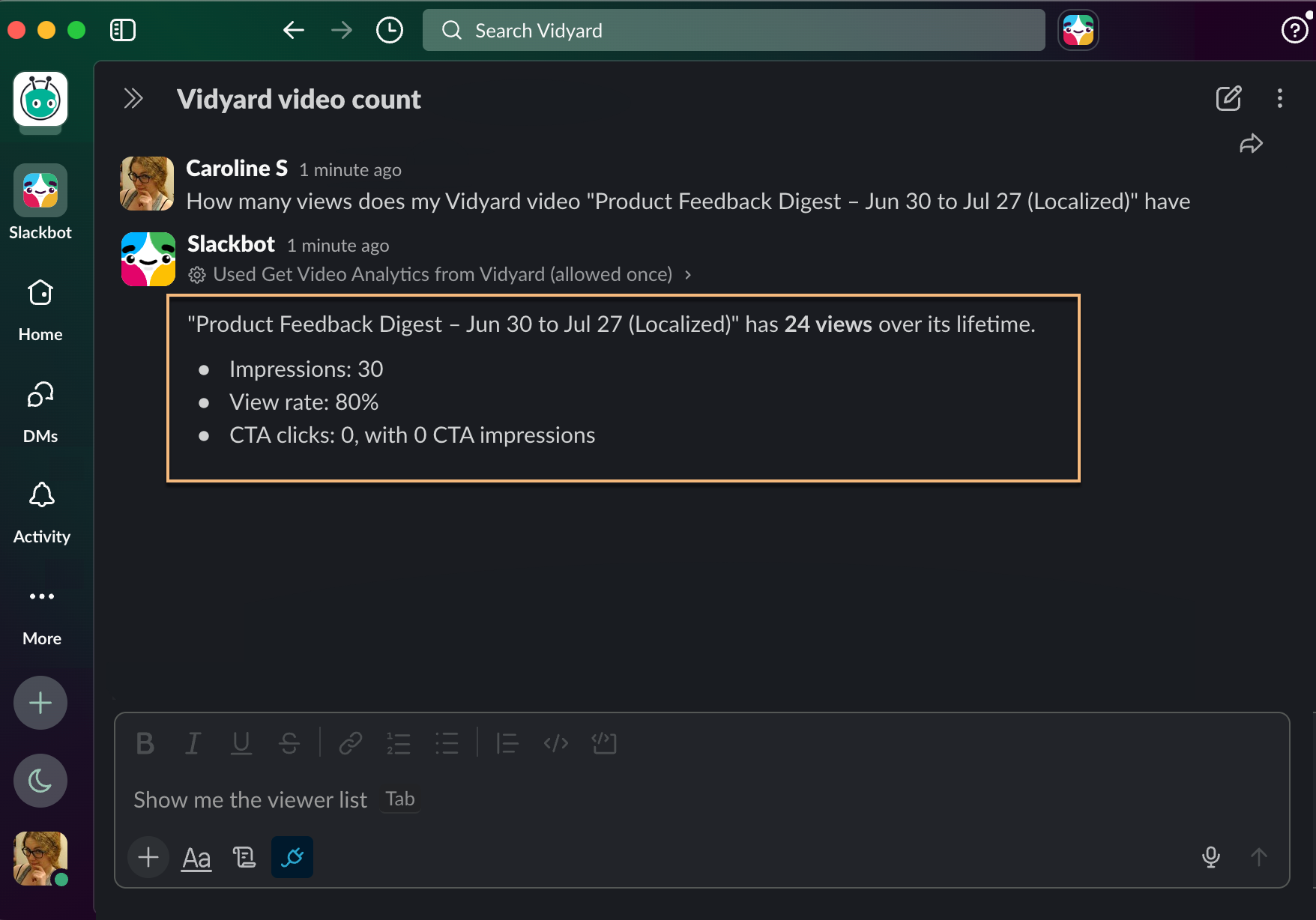 Slackbot showing completed answer using Vidyard's MCP connection