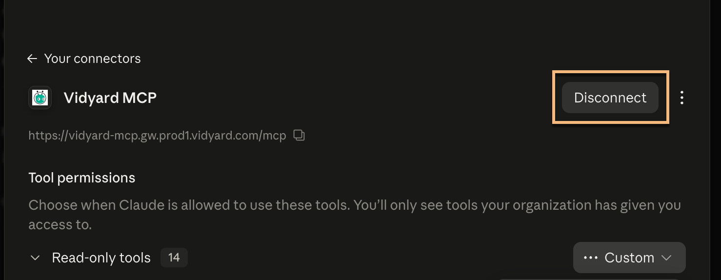Vidyard MCP connector page with button to disconnect MCP highlighted