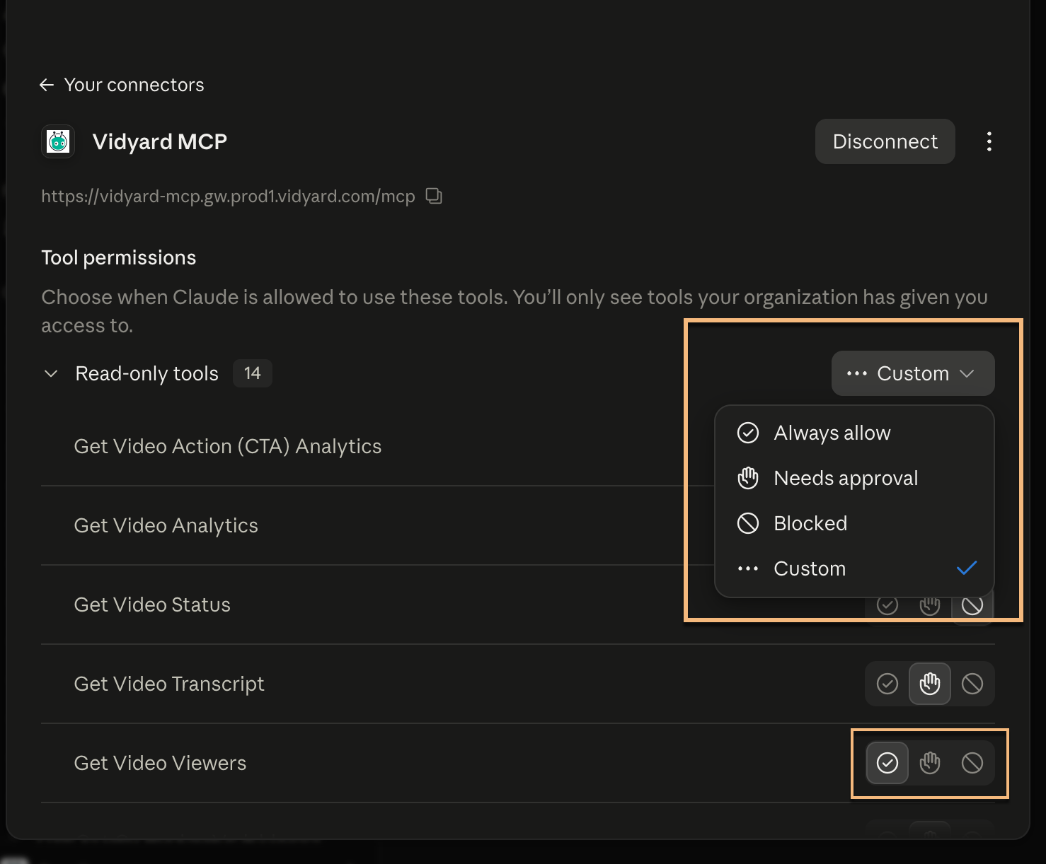 Vidyard MCP tool permissions menu open with all options highlighted